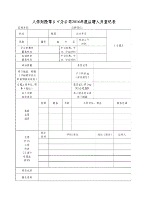 人保财险萍乡市分公司应聘人员登记表.doc