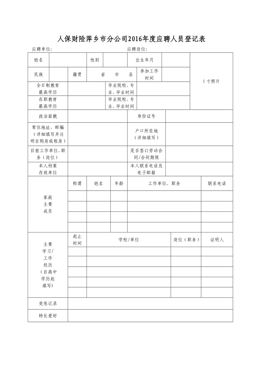 人保财险萍乡市分公司应聘人员登记表.doc_第1页