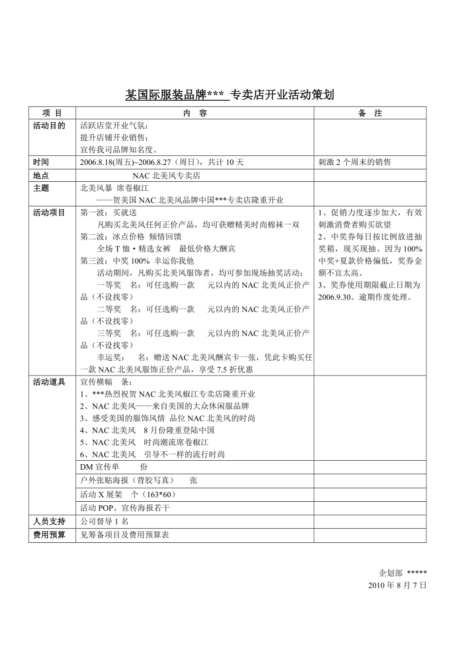 某国际服装品牌各专卖店开业活动策划 .doc_第1页