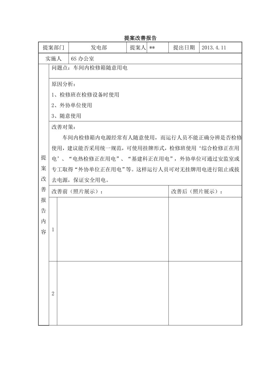 发电部6S管理改善提案（车间内检修箱随意用电）.doc_第1页