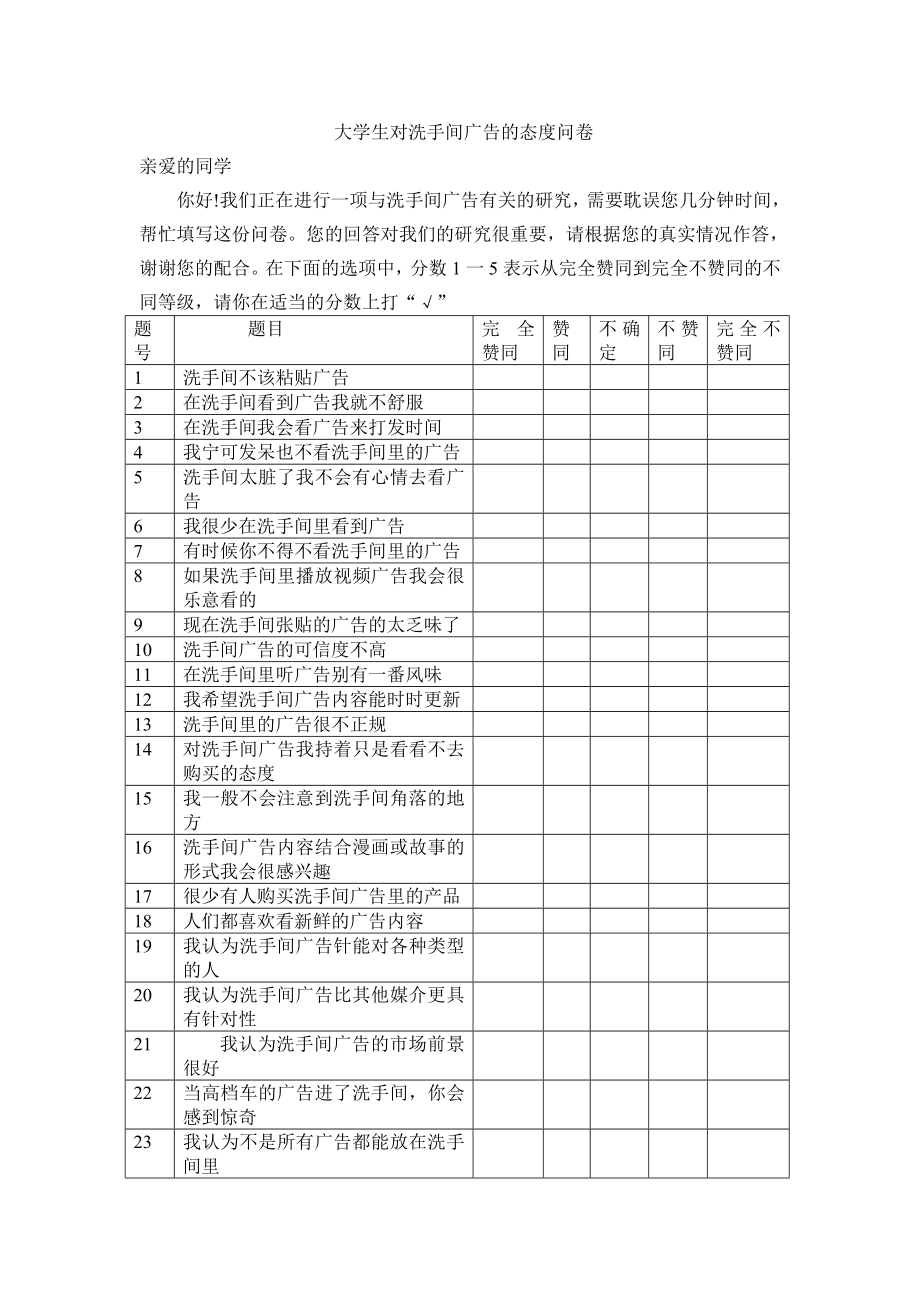 大学生对洗手间广告的态度问卷.doc_第1页