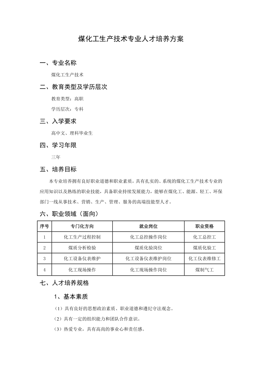 职业学院煤化工生产技术专业人才培养方案.doc_第2页