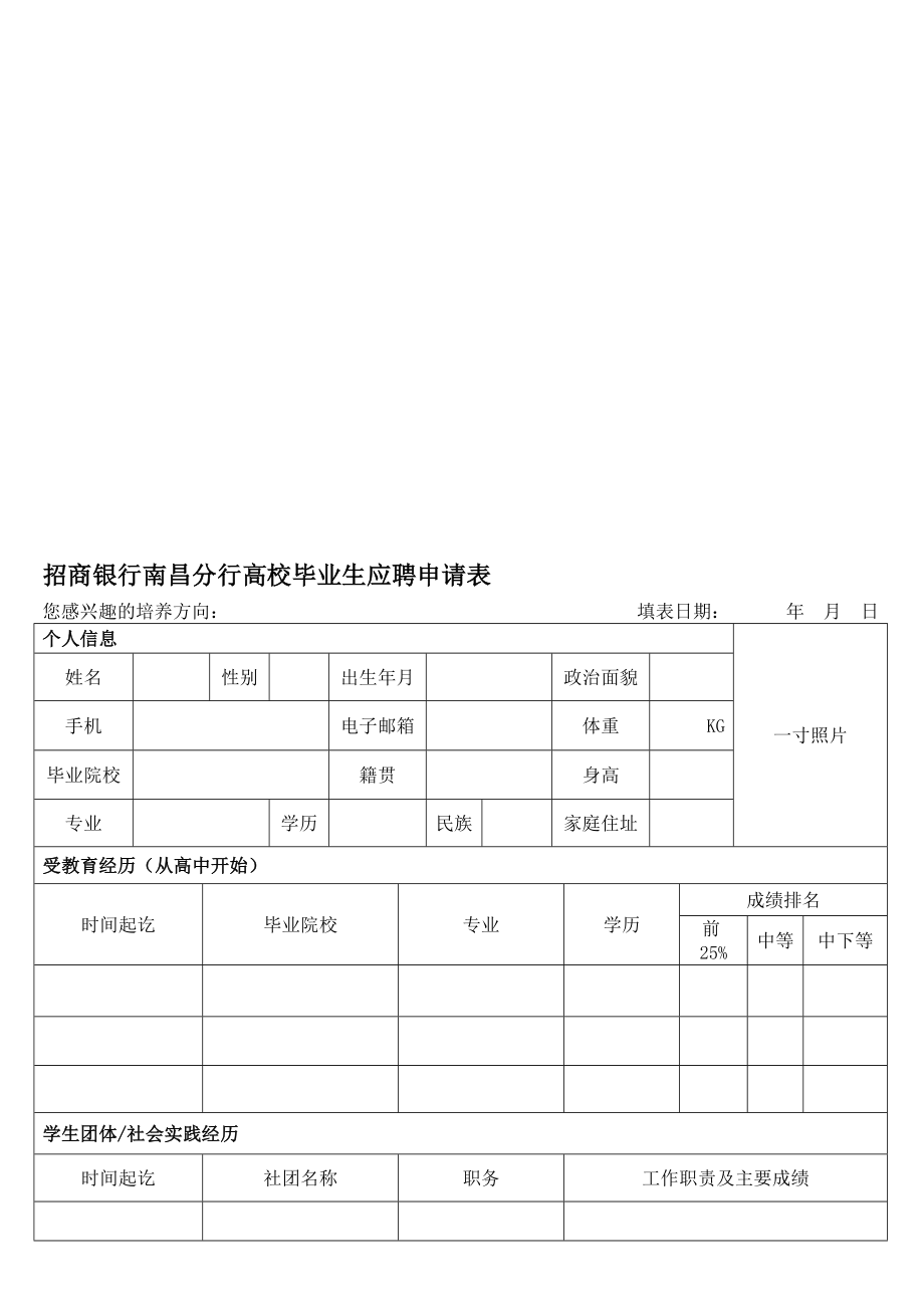 招商银行南昌分行高校毕业生应聘申请表.doc_第1页