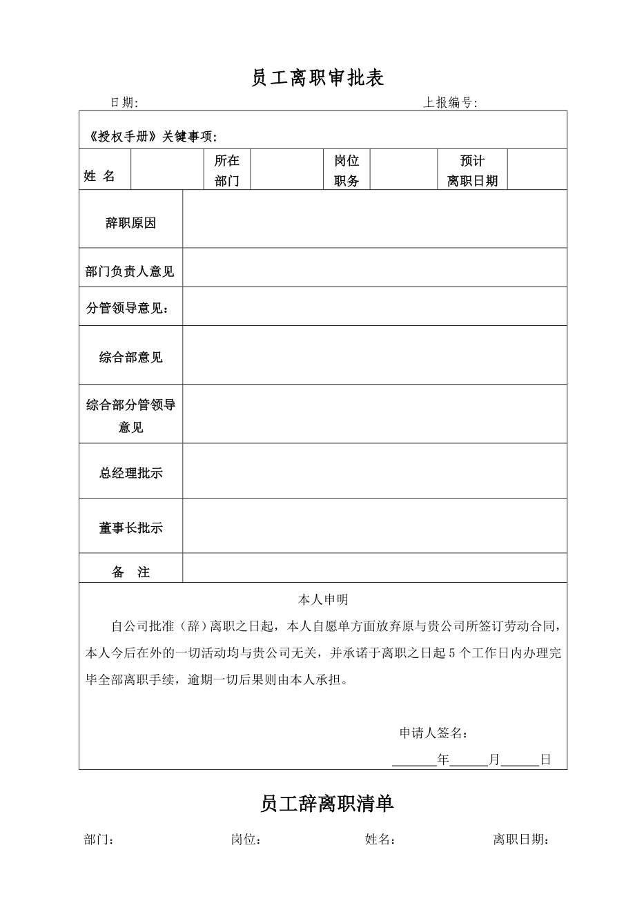 员工离职审批表 离职清单 交接清单.doc_第1页