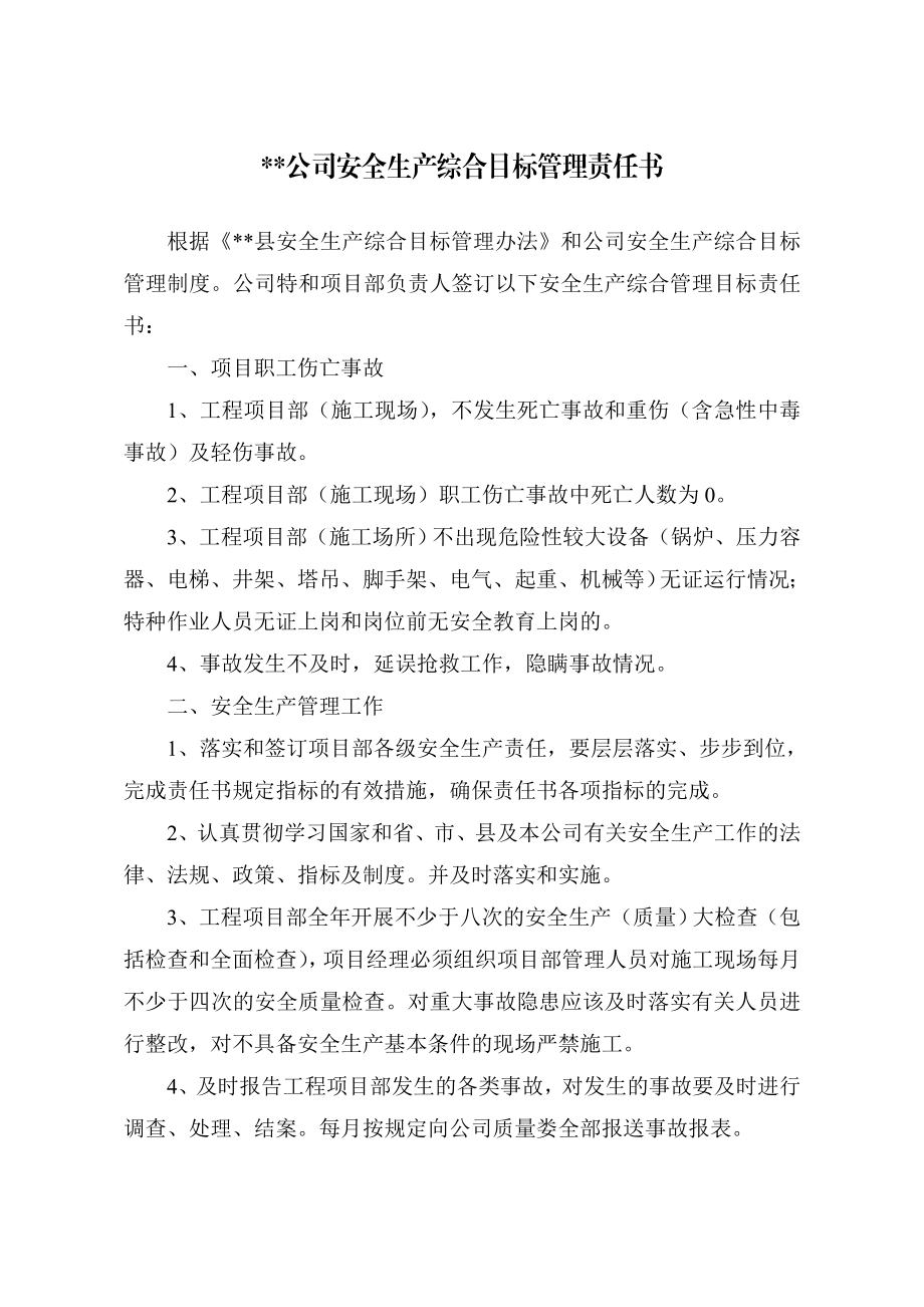 公司安全生产综合目标管理责任书.doc_第1页