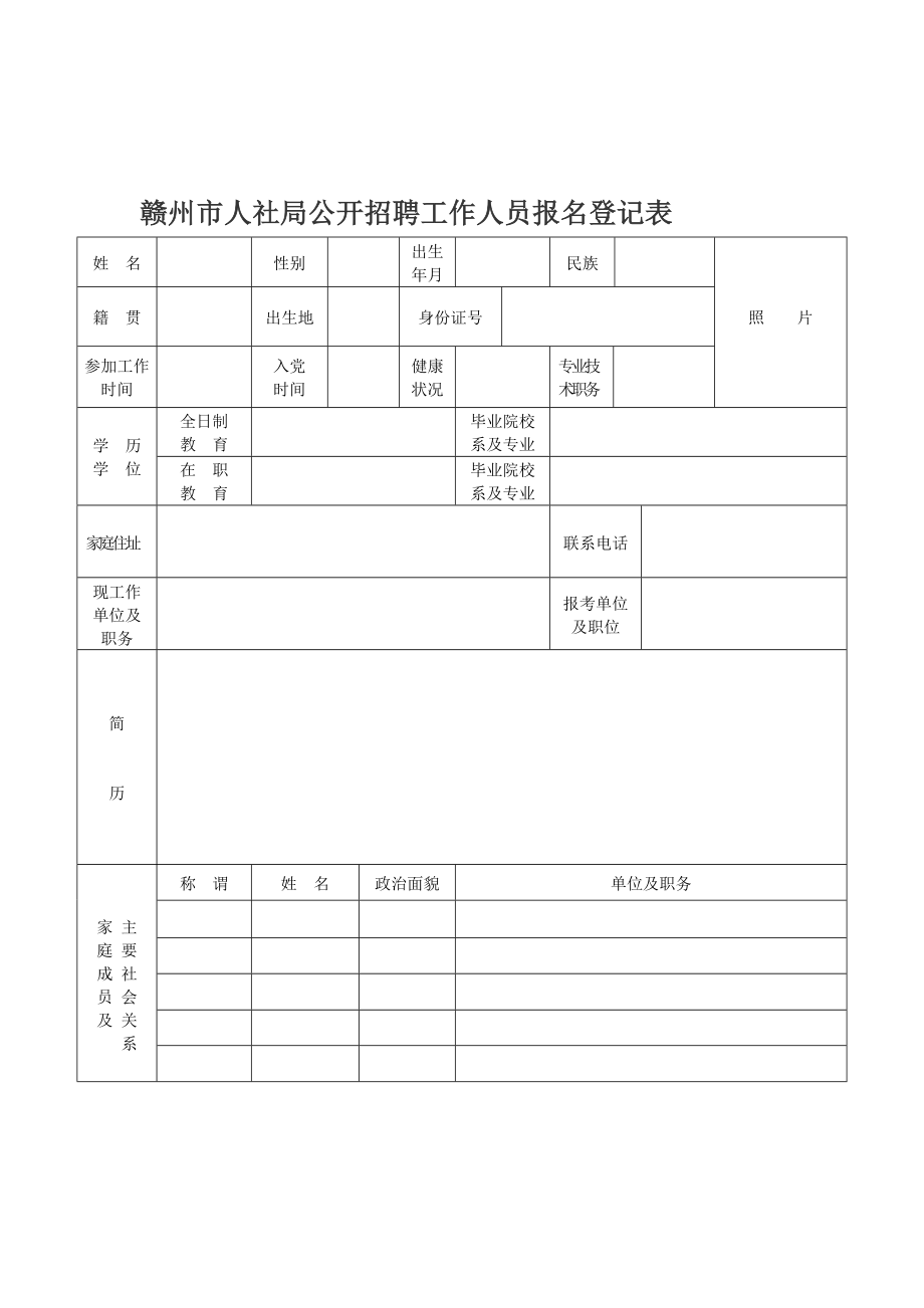 赣州市人社局公开招聘工作人员报名登记表.doc_第1页