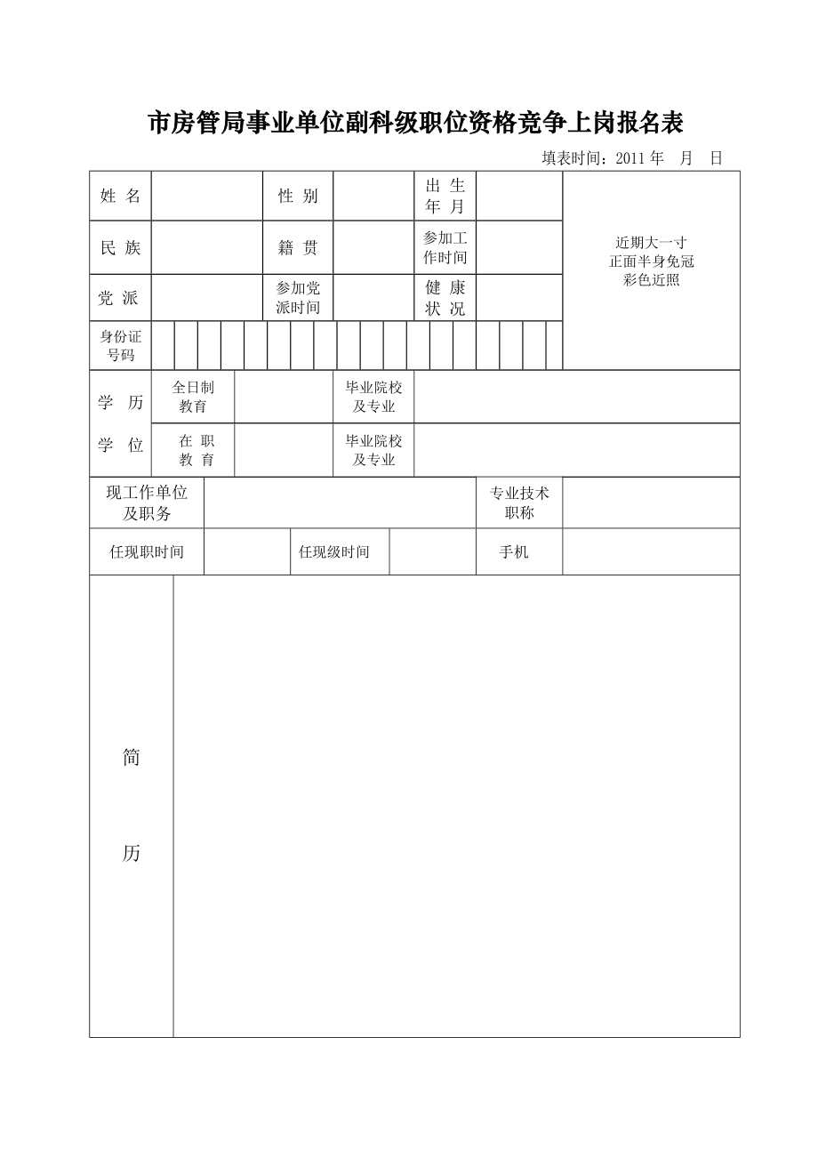 市房管局事业单位副科级职位资格竞争上岗报名表.doc_第1页