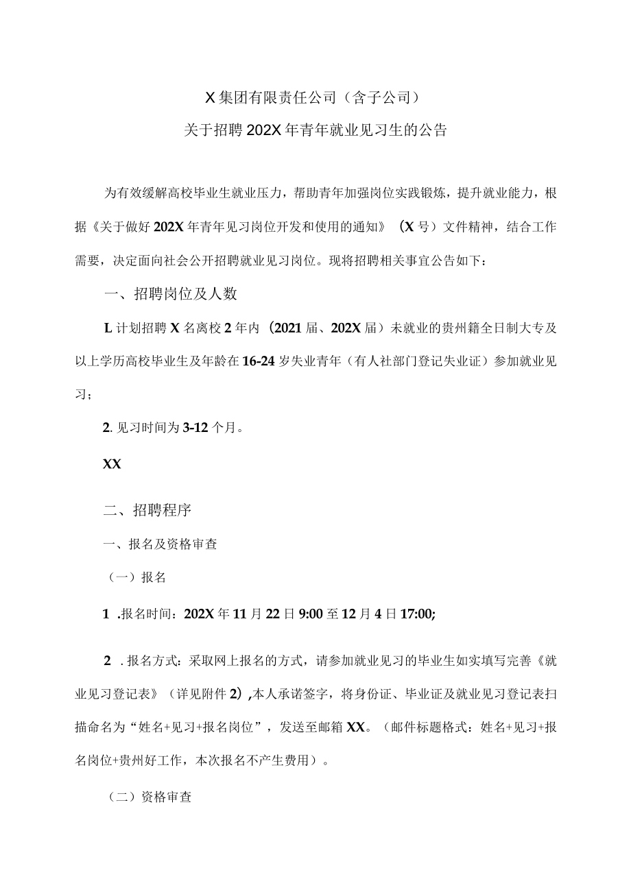 X集团有限责任公司(含子公司)关于招聘202X年青年就业见习生的公告.docx_第1页