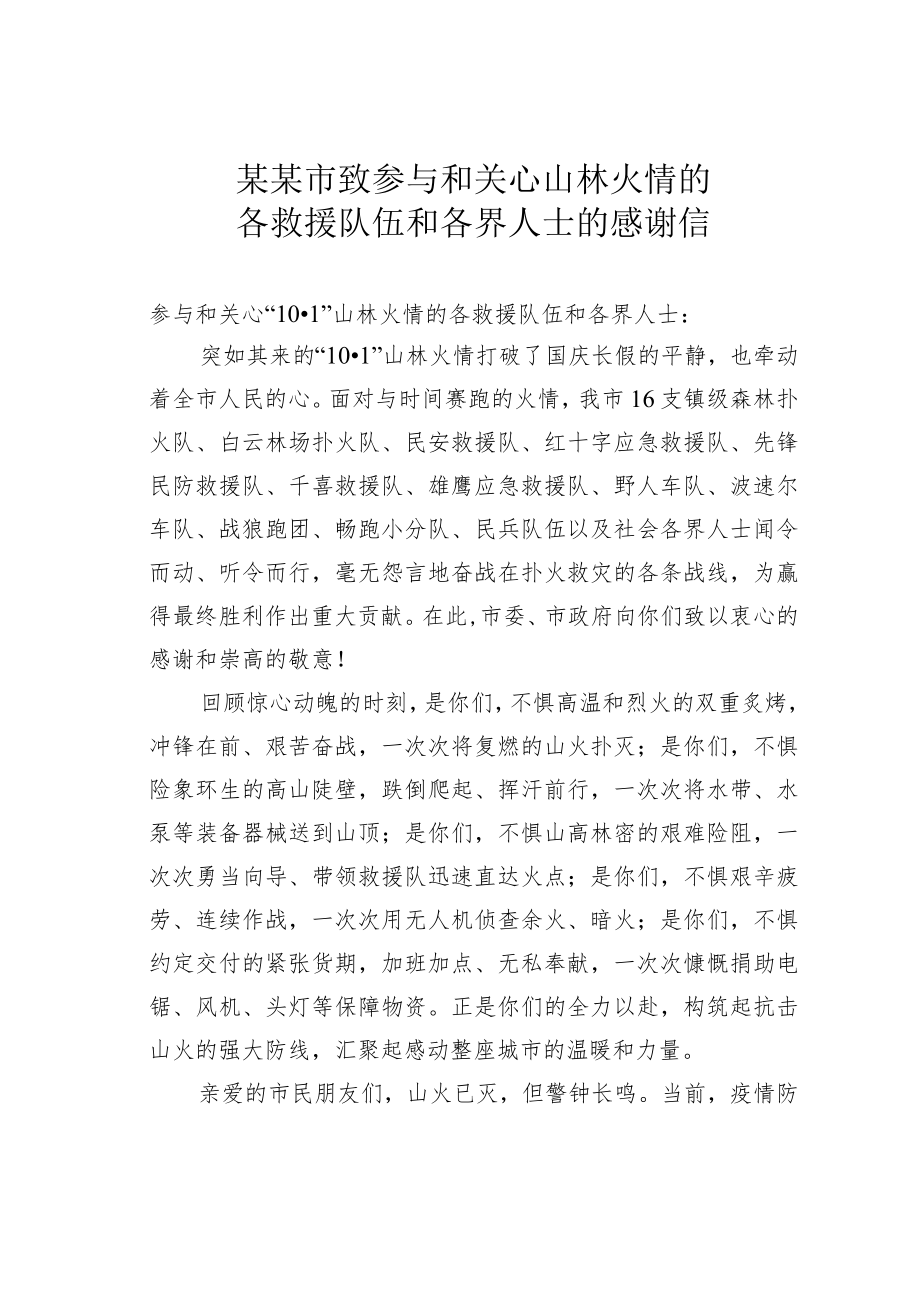 某某市致参与和关心山林火情的各救援队伍和各界人士的感谢信.docx_第1页