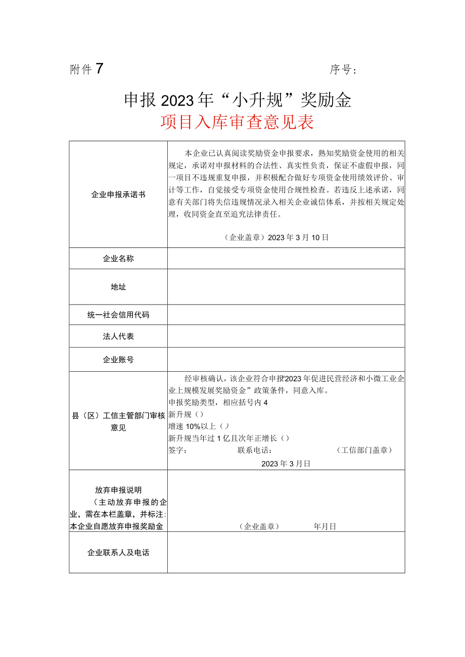 申报小升规奖励金项目入库审查意见表.docx_第1页