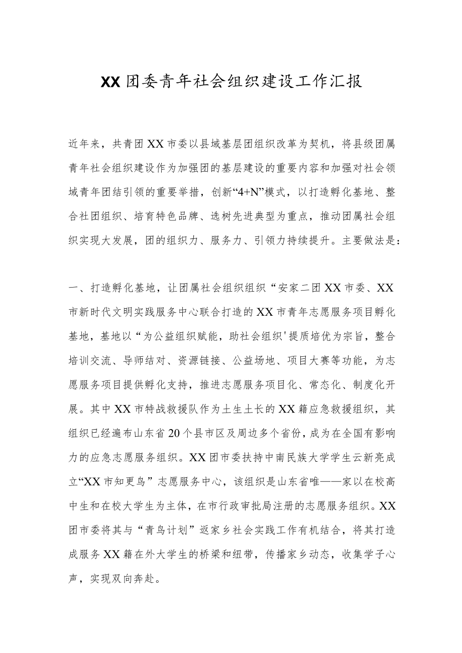 XX团委青年社会组织建设工作汇报.docx_第1页