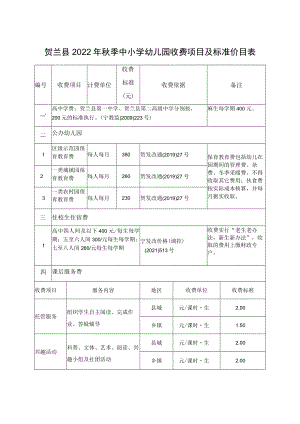 贺兰县2022年秋季中小学幼儿园收费项目及标准价目表.docx