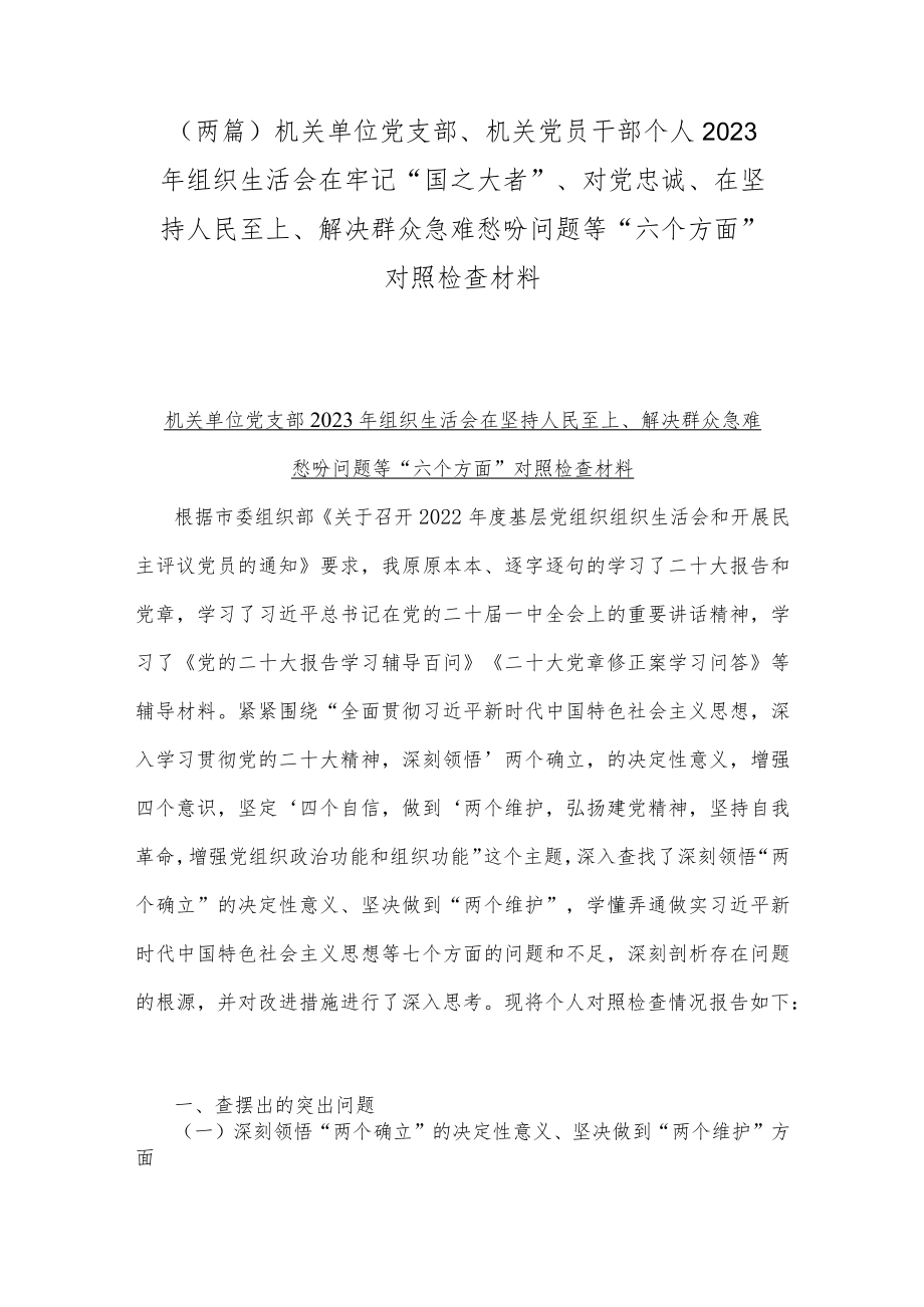 （两篇）机关单位党支部、机关党员干部个人2023年组织生活会在牢记“国之大者”、对党忠诚、在坚持人民至上、解决群众急难愁吩问题等“六个方.docx_第1页