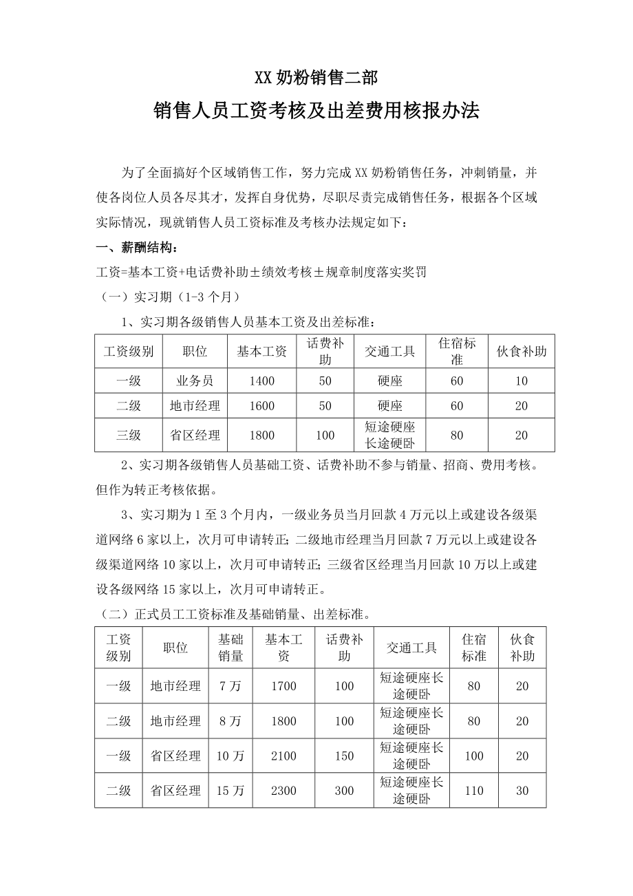 XX奶粉销售部销售人员工资考核及出差费用核报办法.doc_第1页