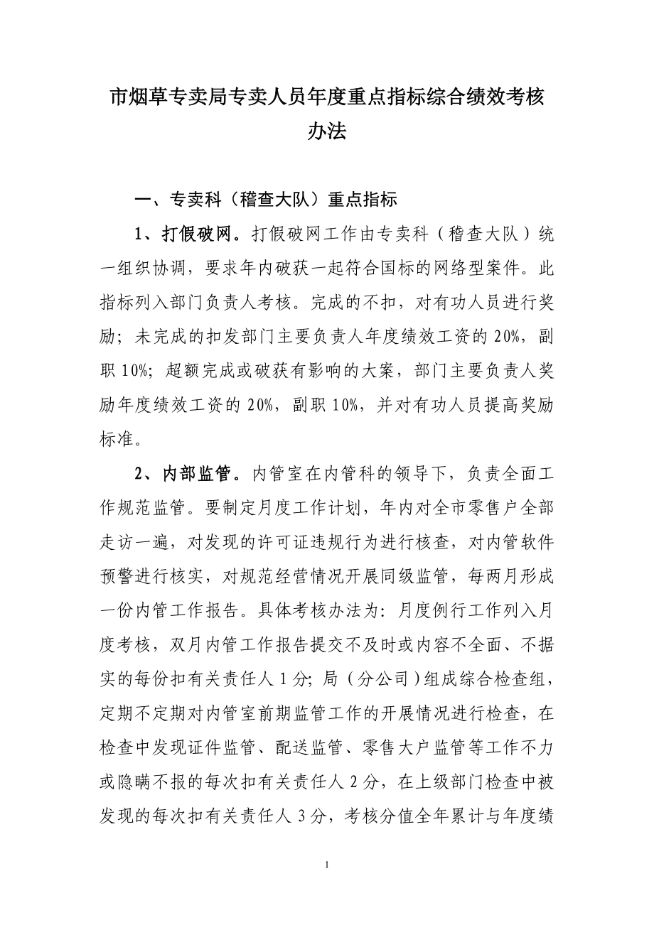 市烟草专卖局专卖人员重点指标综合绩效考核办法.doc_第1页