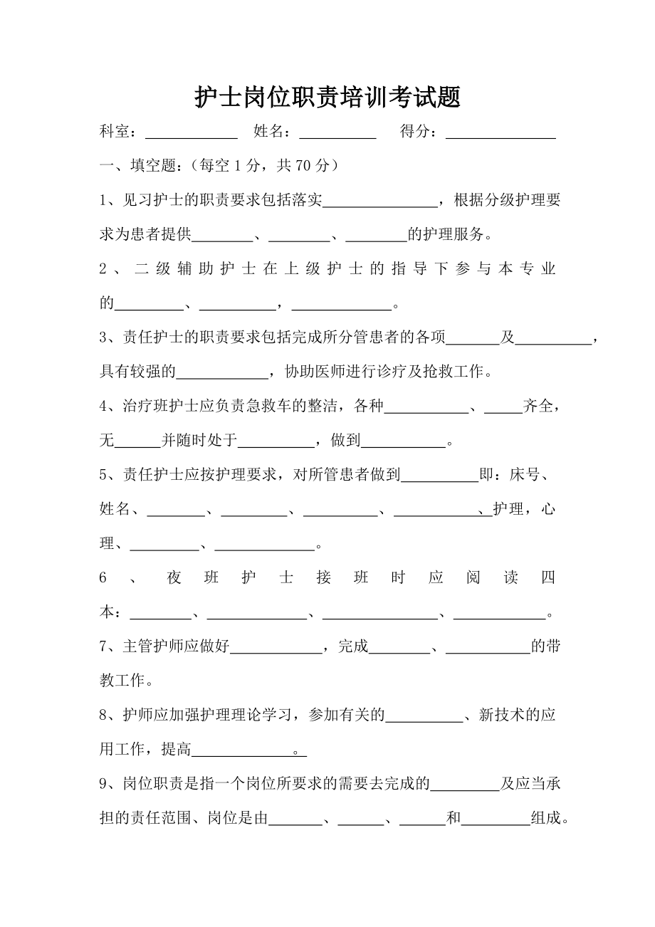 护士岗位职责培训考试题.doc_第1页