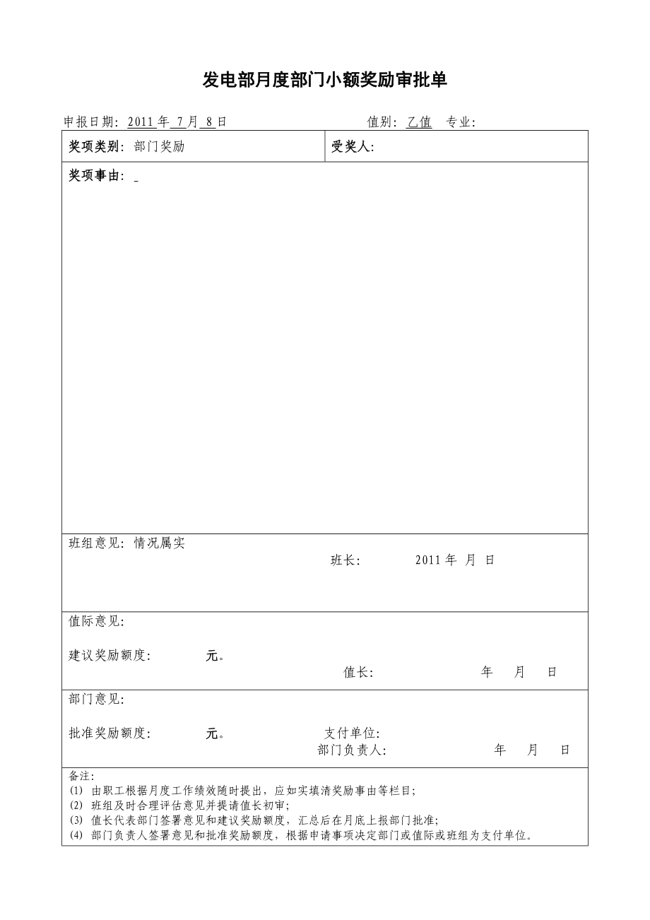 部门月度小额奖励审批单（范文）.doc_第1页