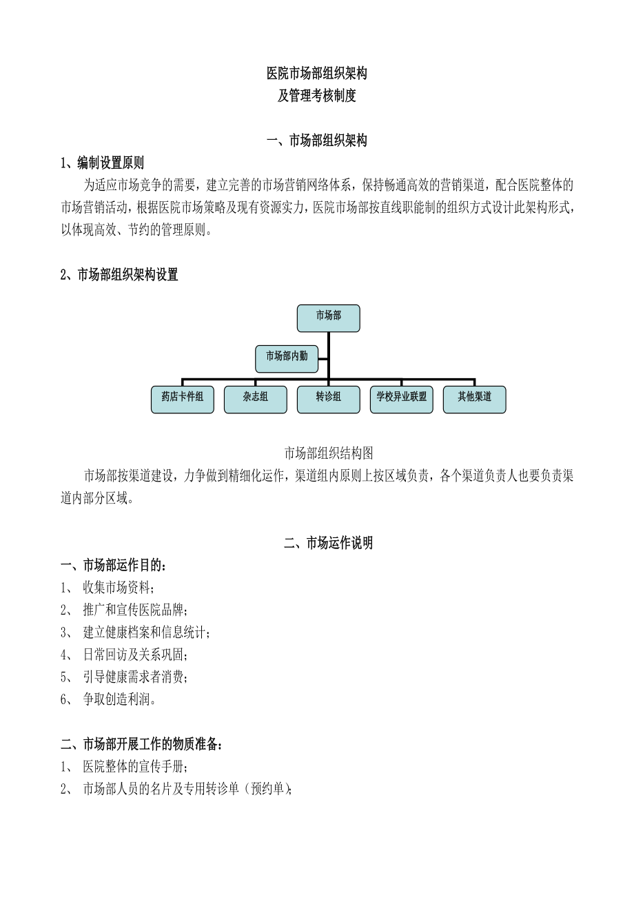 医院市场部组织架构及管理考核制度.doc_第1页