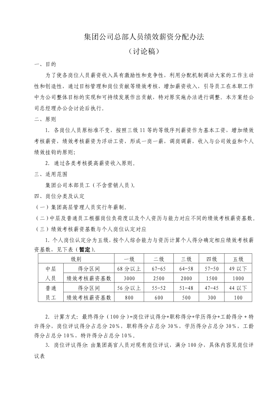 集团公司总部人员绩效薪资分配办法.doc_第1页