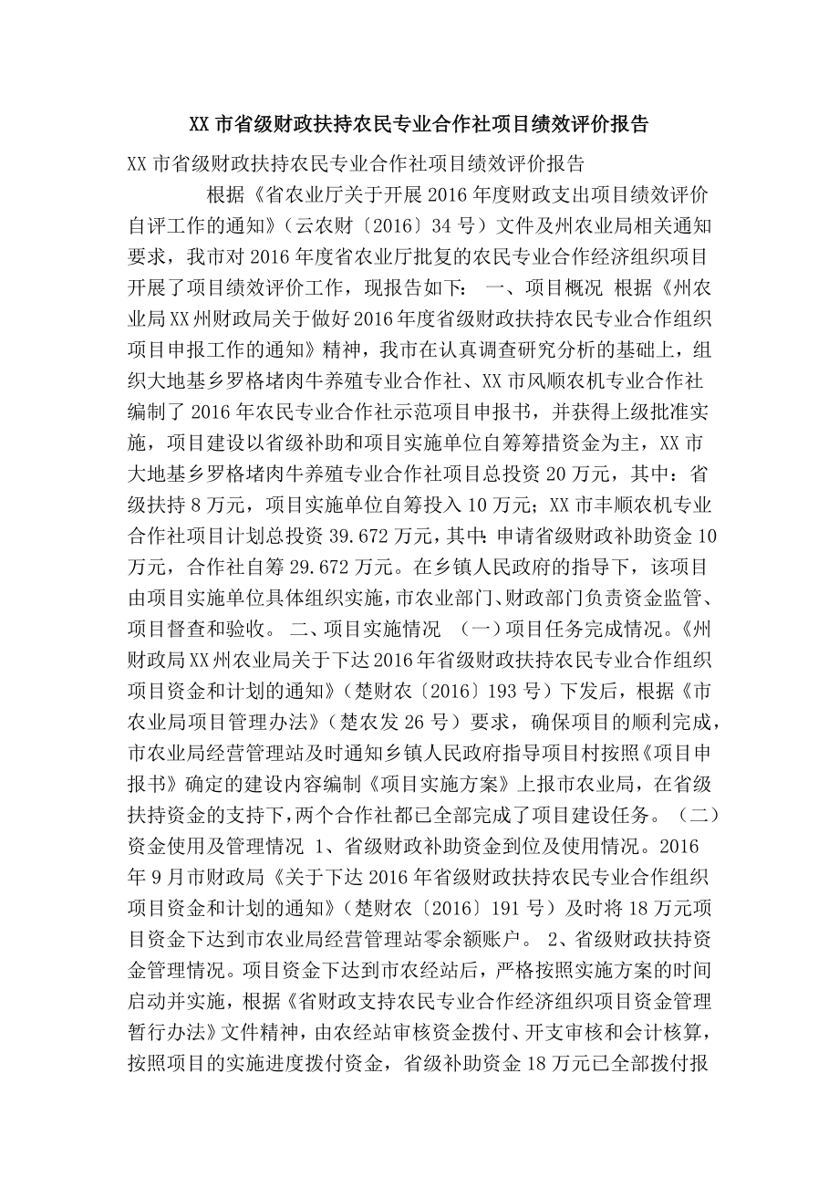 XX市省级财政扶持农民专业合作社项目绩效评价报告(精简篇） .doc_第1页