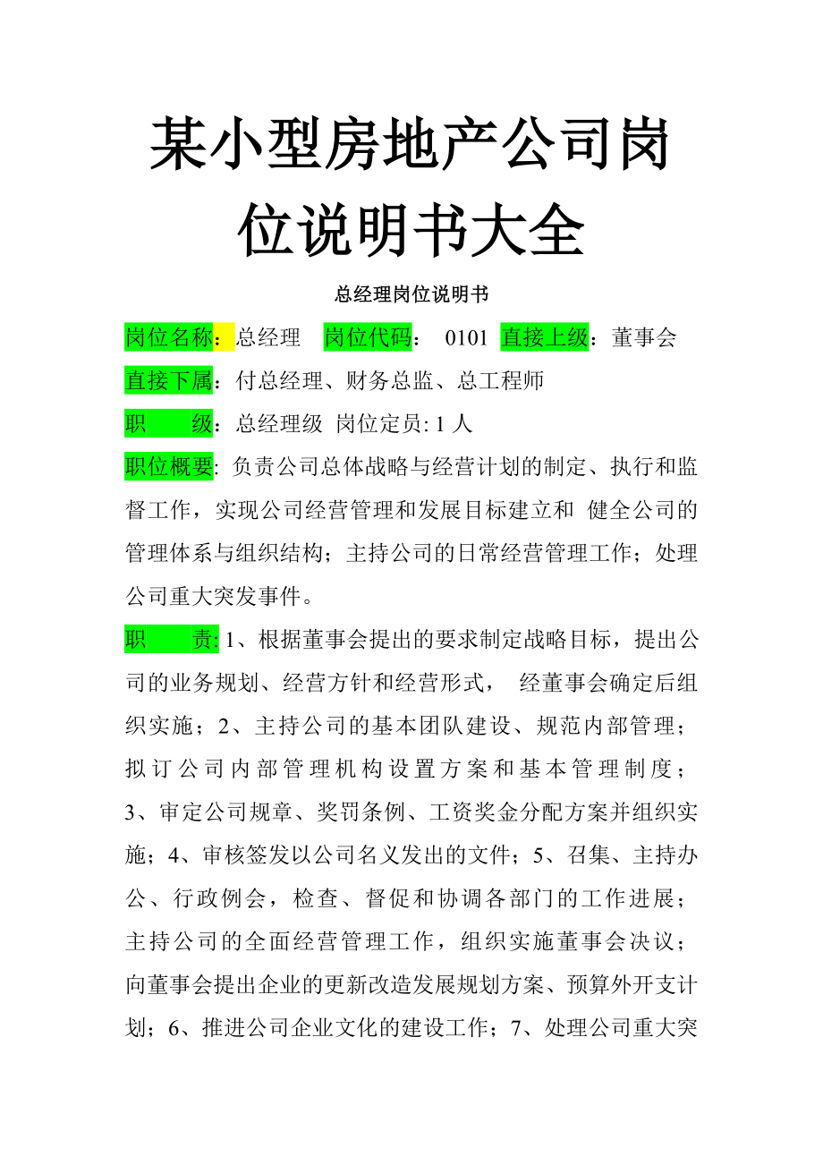 某小型房地产公司岗位说明书大全(DOC 47页).doc_第1页