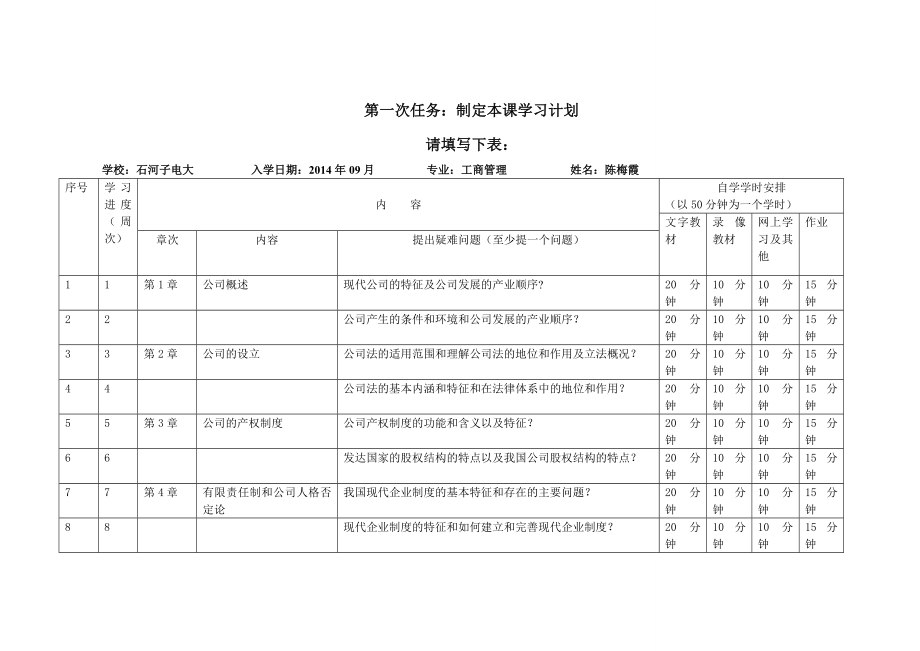 公司概论形成性考核任务一：制定本课学习计划19133.doc_第1页