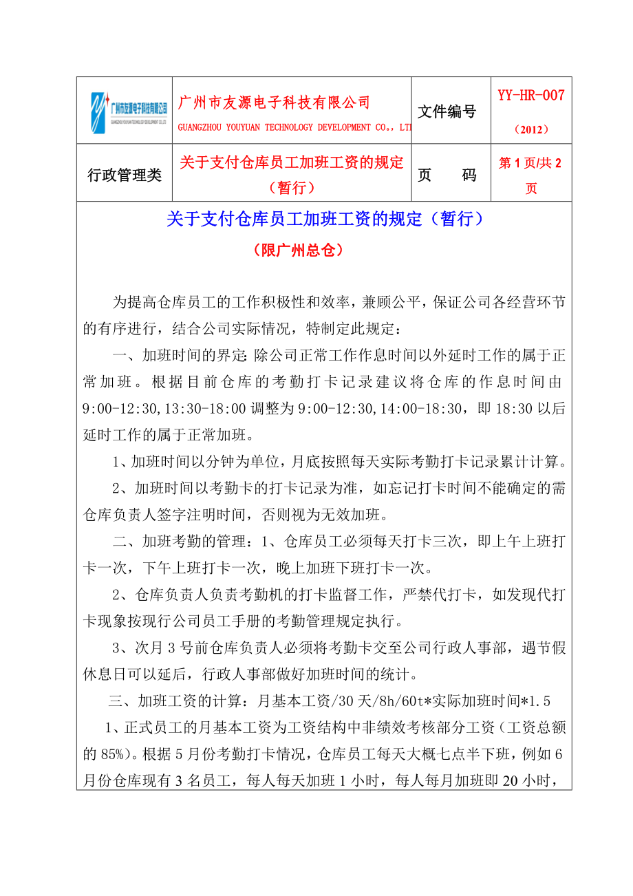 关于支付仓库员工加班工资的规定（暂行）.doc_第1页