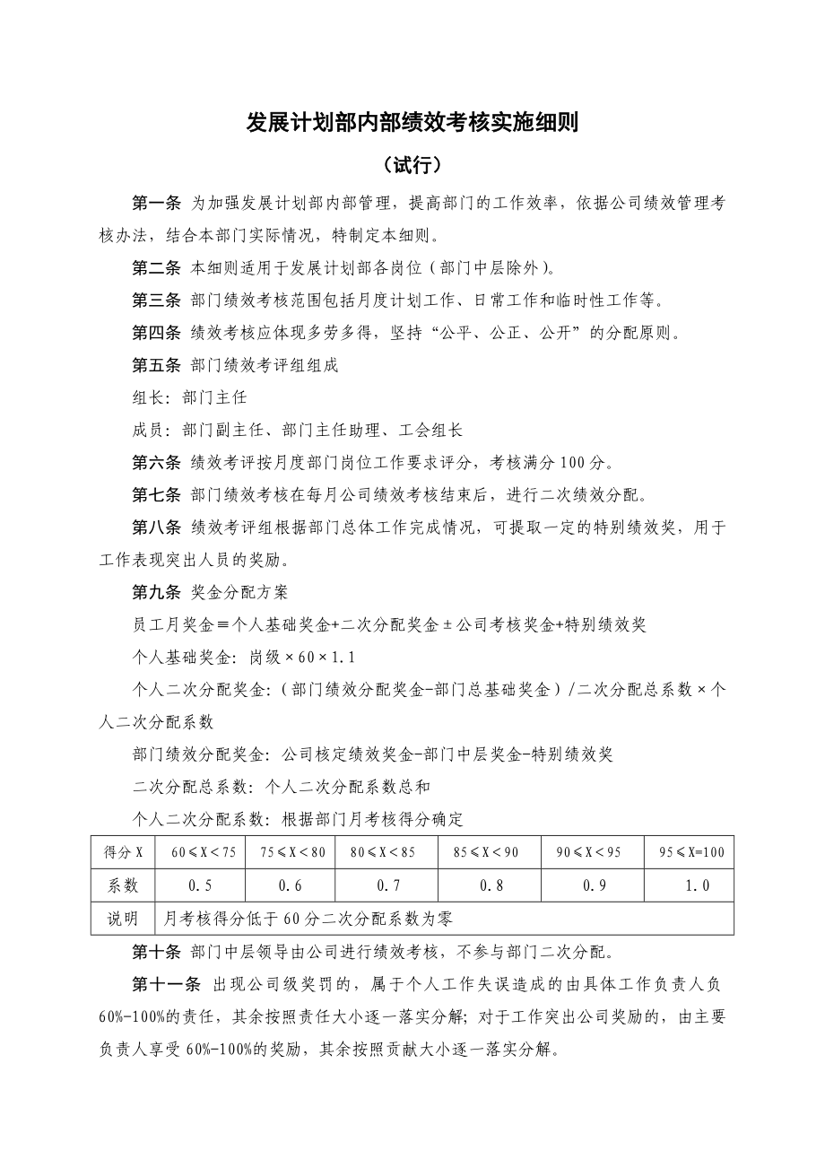 发展计划部内部绩效考核实施细则.doc_第1页