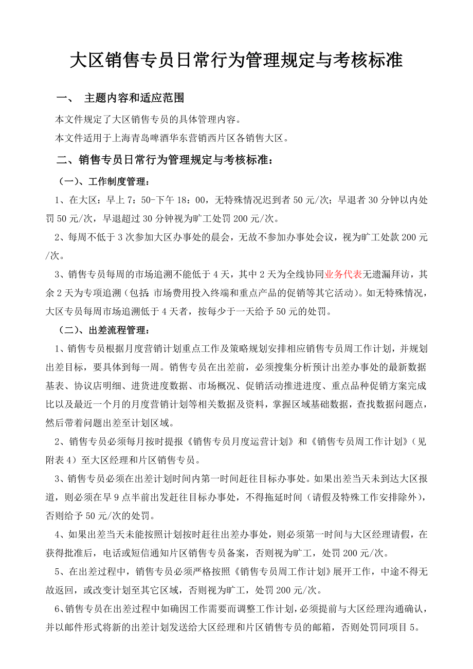 7大区销售专员日常行为管理规定与考核标准.doc_第1页