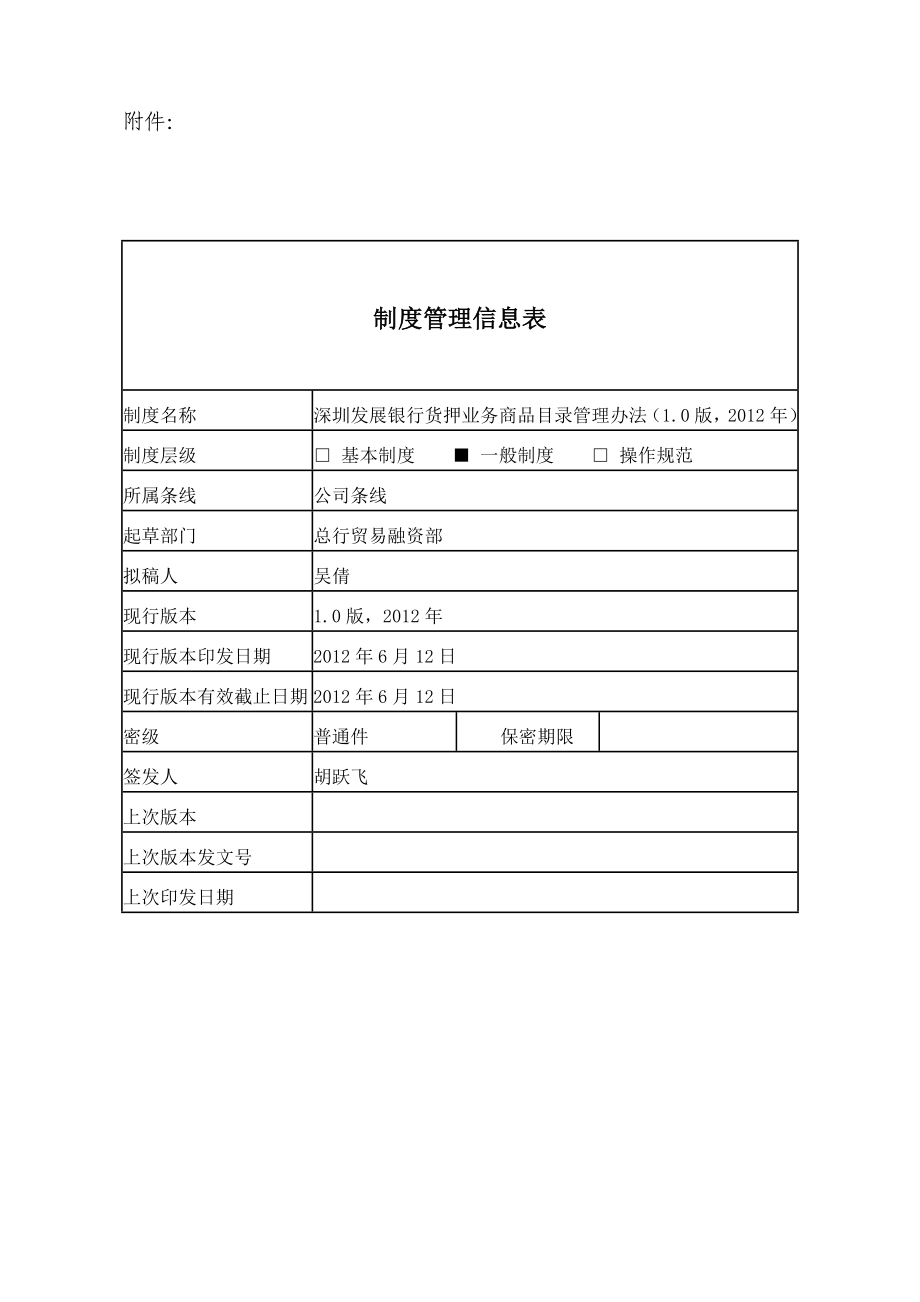 《深圳发展银行货押业务商品目录管理办法》(1.0版).doc_第1页