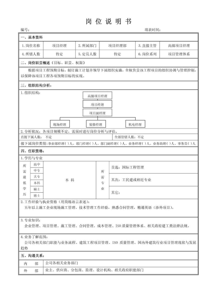 岗位说明书项目经理部经理.doc_第1页