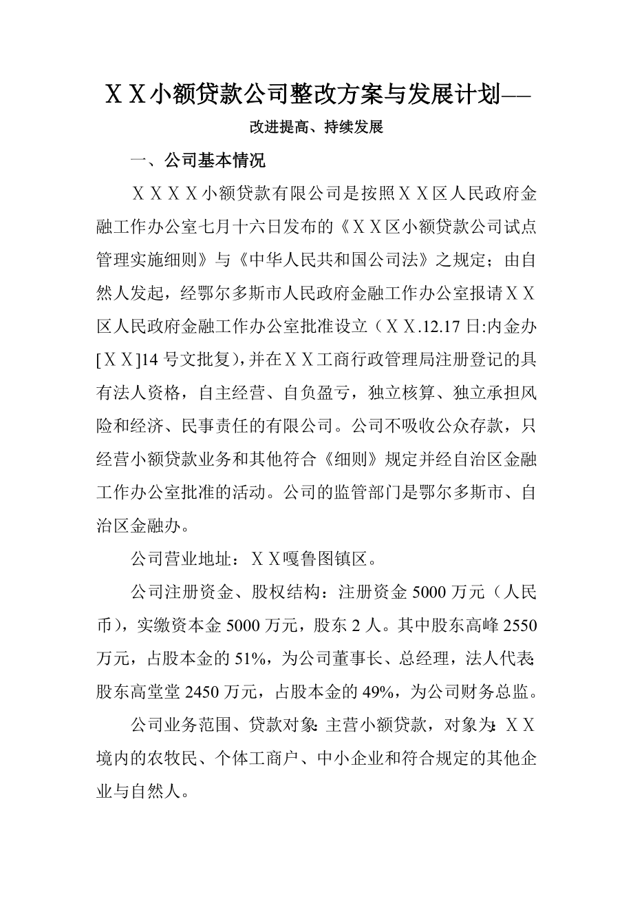 小额贷款公司整改方案与发展计划——改进提高、持续发展.doc_第1页