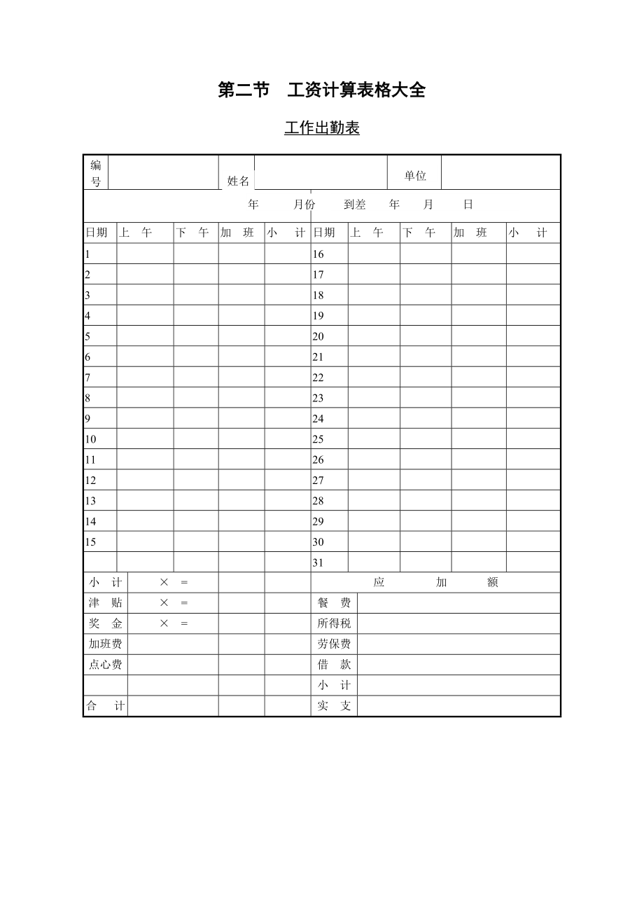 工资计算常用表格汇编.doc_第1页