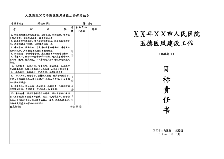 医院医德医风目标责任书(职能部门).doc_第1页