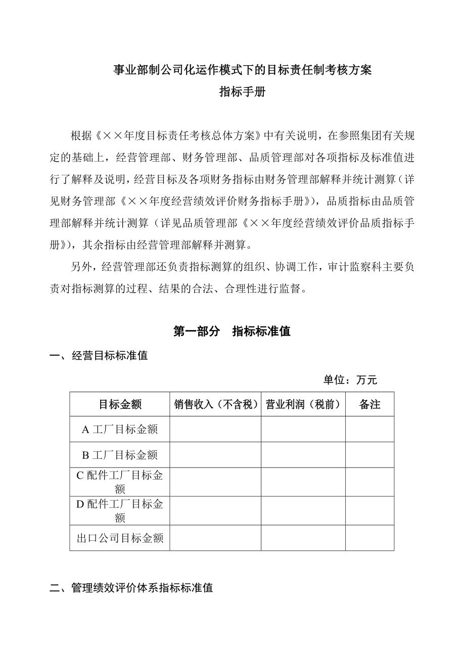 事业部制公司化运作模式下的目标责任制考核方案指标手册.doc_第1页