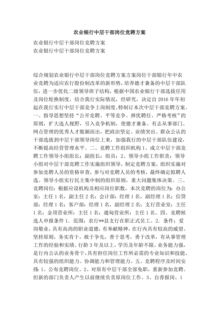 农业银行中层干部岗位竞聘方案.doc_第1页