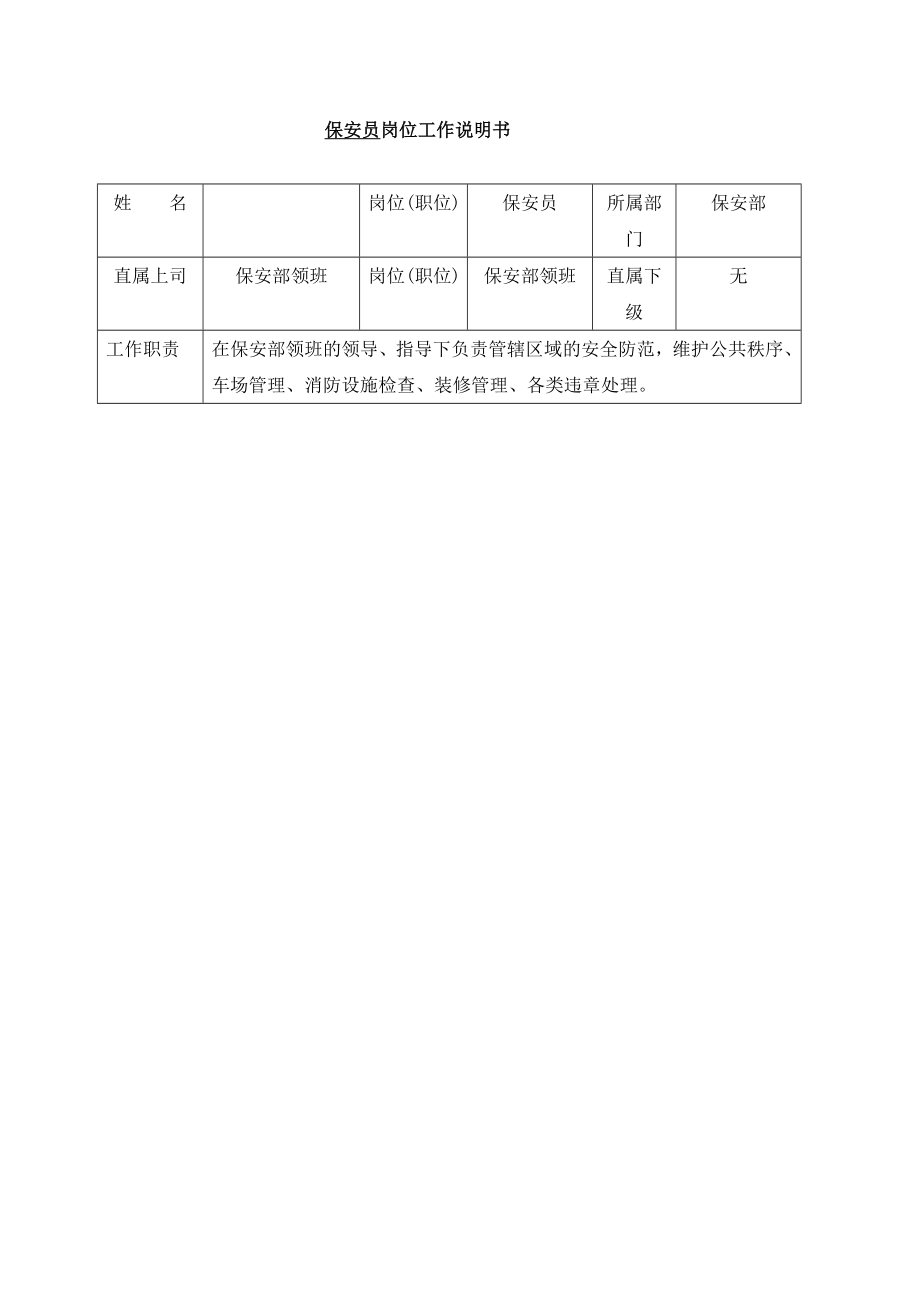 保安员岗位工作说明书（DOC ）.doc_第1页