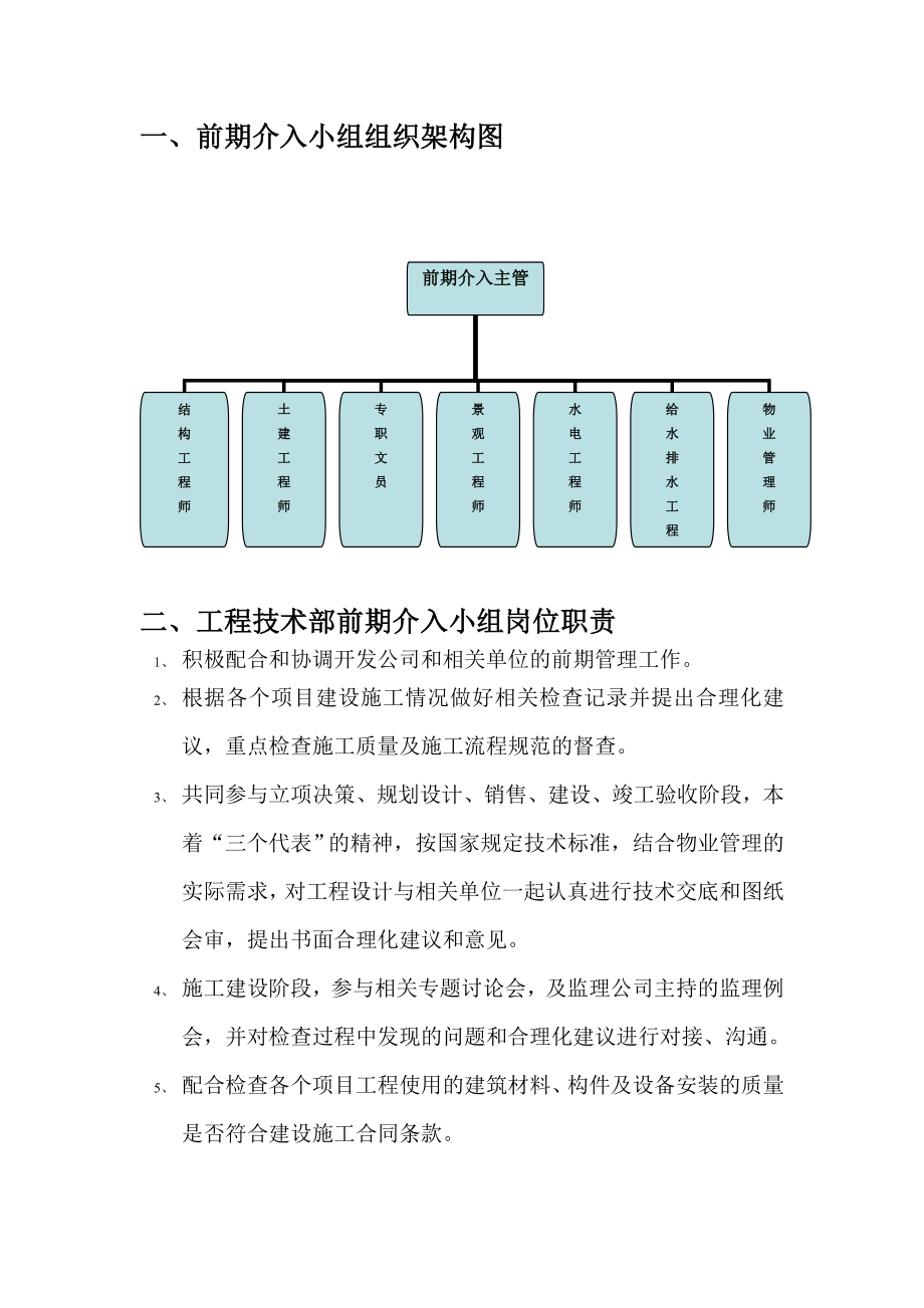 工程技术部前期介入小组岗位职责、文员岗位职责、水电工程师岗位职责.doc_第1页