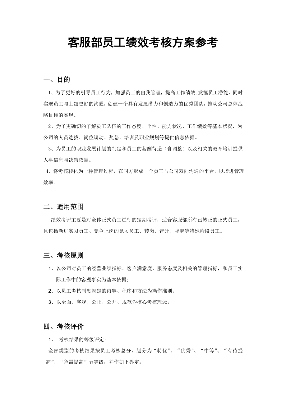 客服部员工绩效考核方案参考.doc_第1页