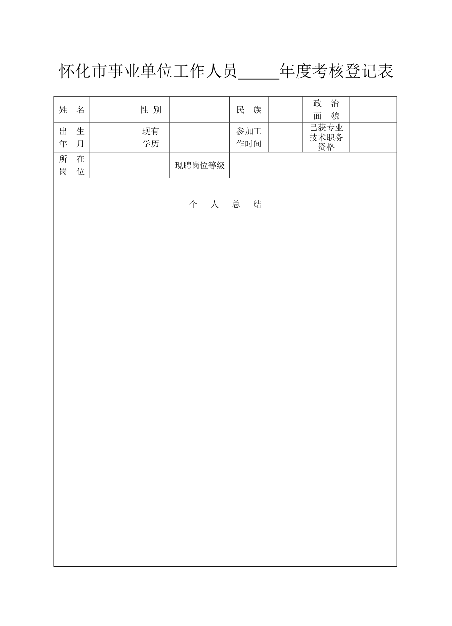 怀化市事业单位工作人员考核登记表.doc_第1页