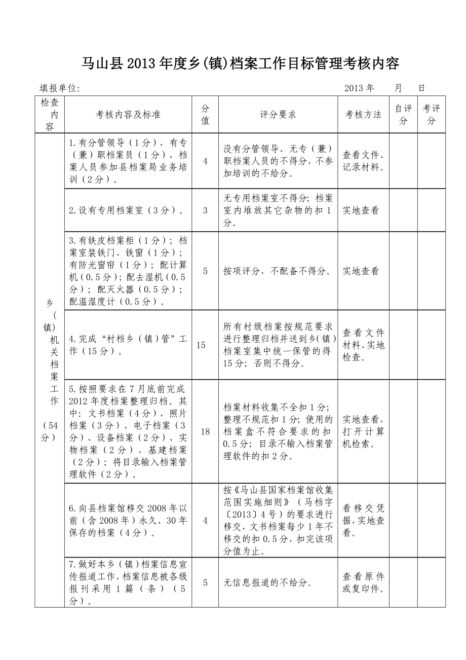 县乡(镇)档案工作目标管理考核内容.doc_第1页