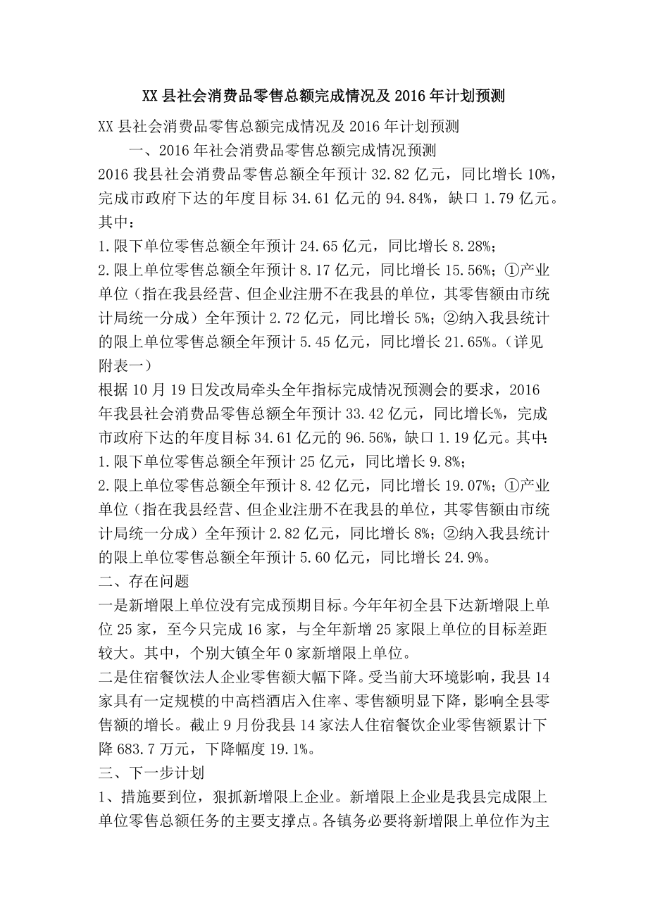 XX县社会消费品零售总额完成情况及计划预测(精简篇）.doc_第1页