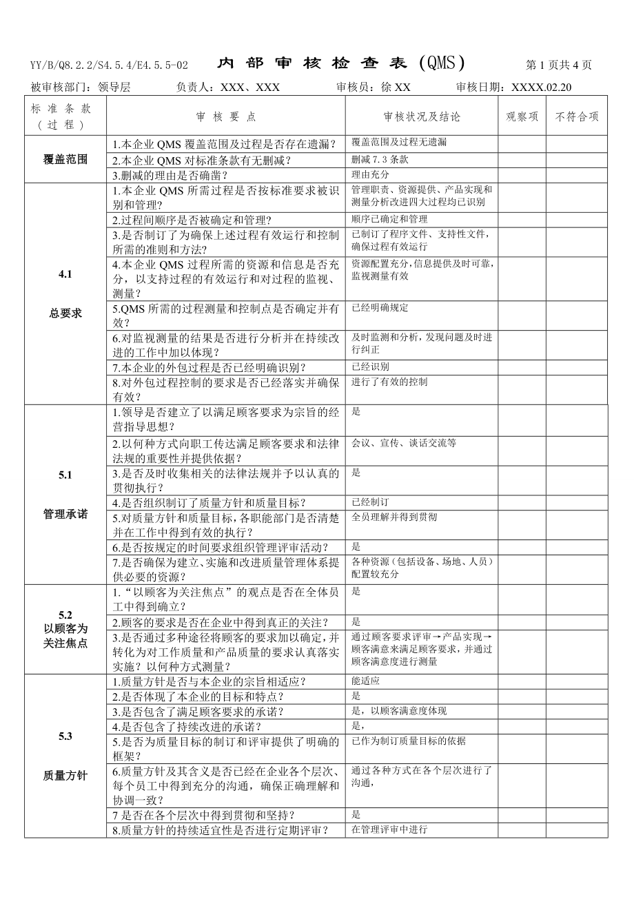 企业质量管理体系QMS各部门内审检查表及审核结论.doc_第1页