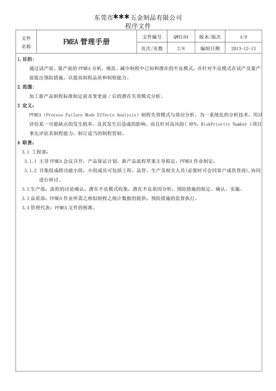 五金制品有限公司程序文件FMEA管理手册.doc_第2页