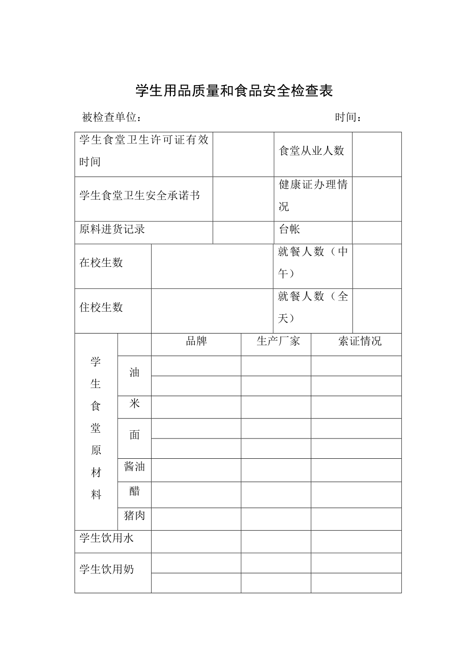 学生用品质量和食品安全检查表.doc_第1页