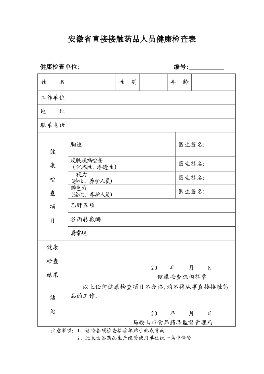 安徽省直接接触药品人员健康检查表.doc_第1页