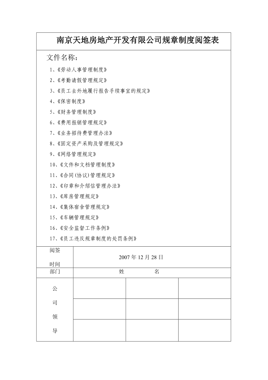 南京天地房地产开发有限公司规章制度阅签表.doc_第1页