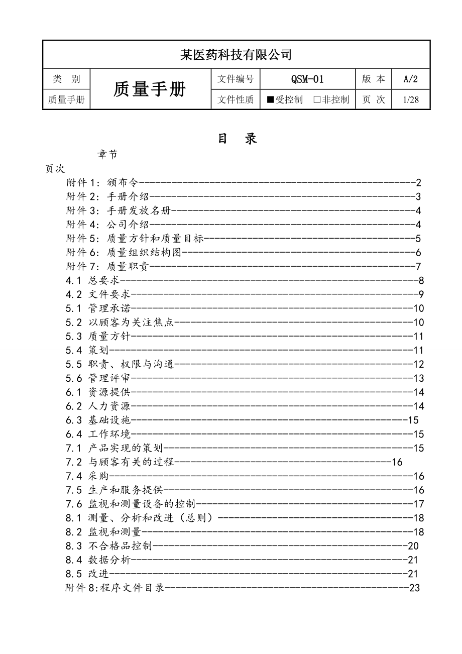 某医药科技有限公司质量手册.doc_第1页