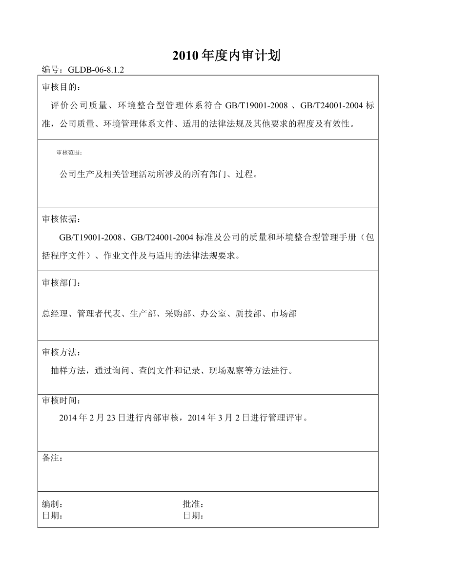 质量环境双体系内审检查表.doc_第1页