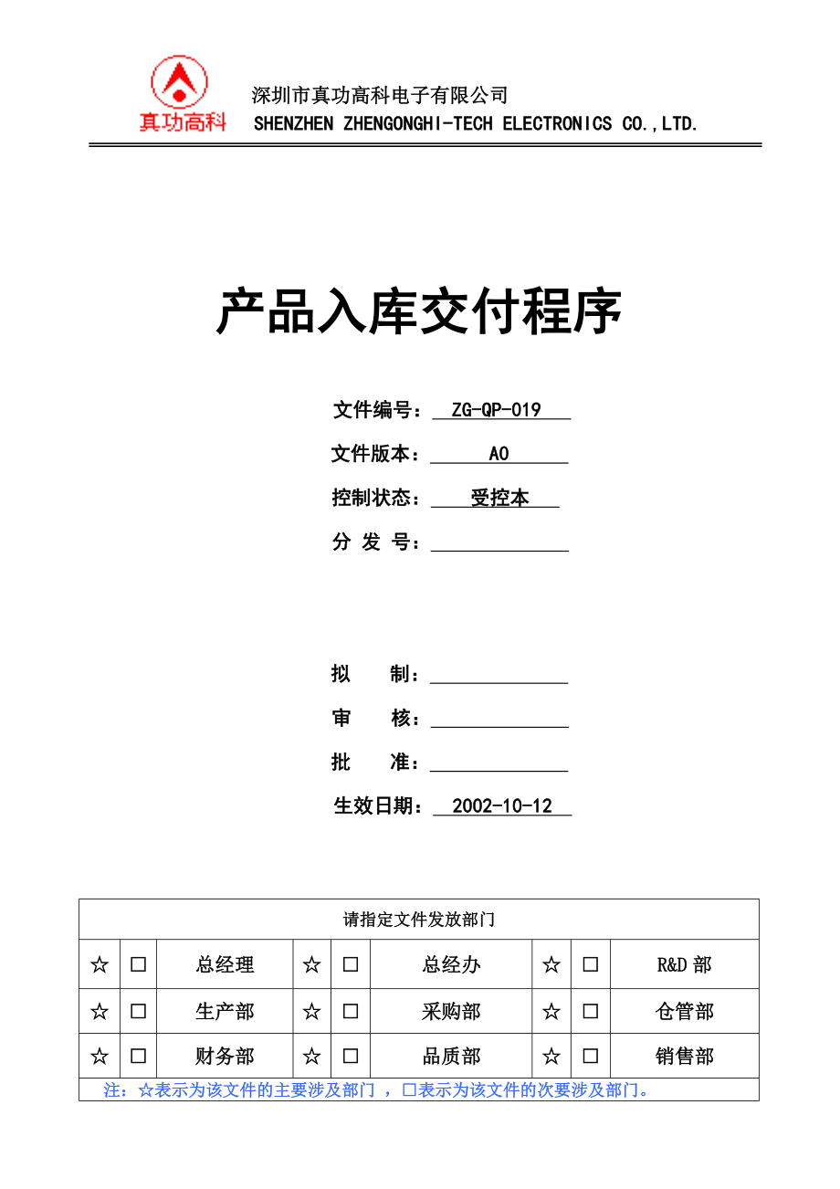 02962质量管理体系认证二级文件程序QP019产品入库交付程序.doc_第1页